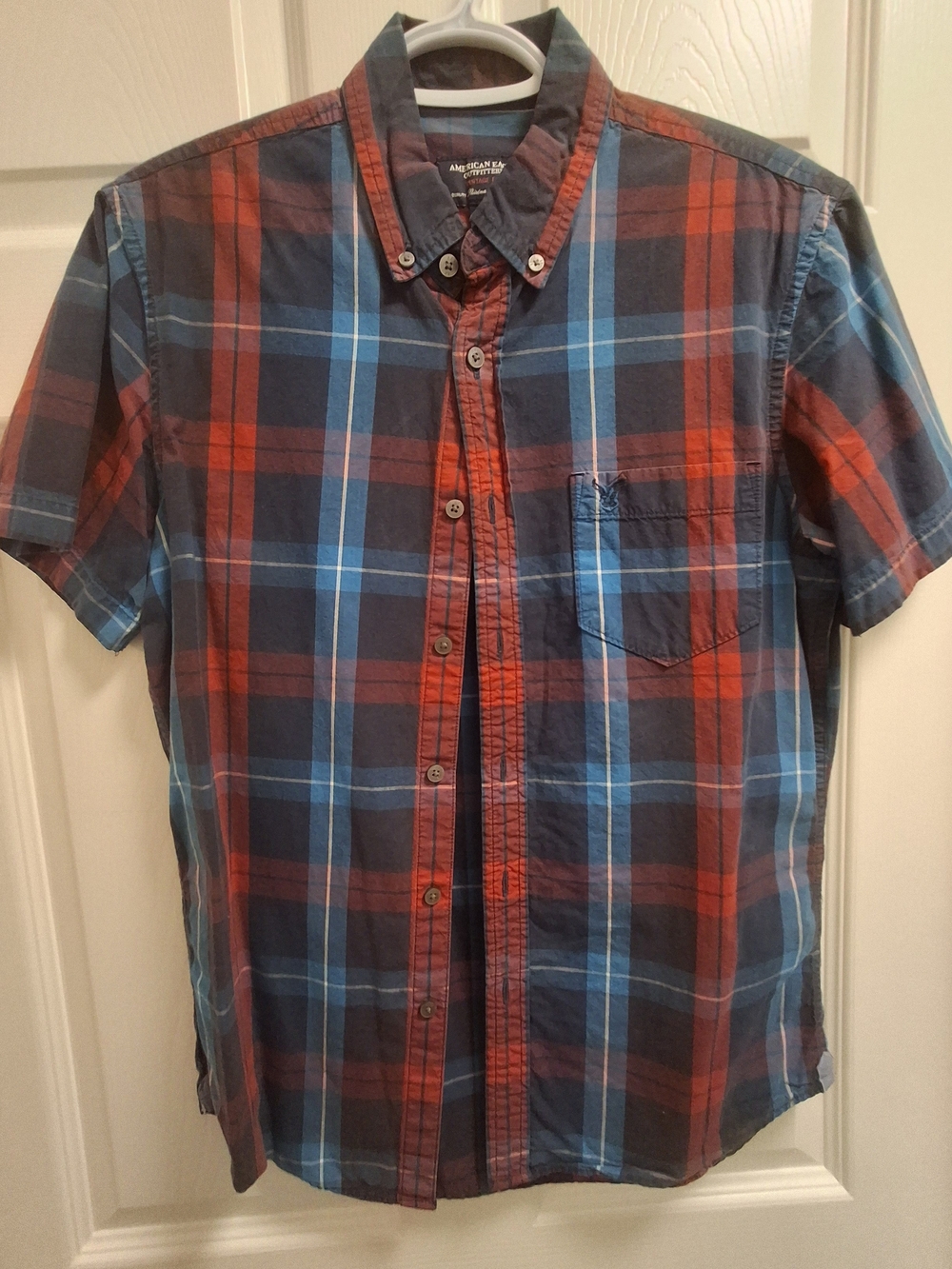 American Eagle Outfitters Short-Sleeve Plaid Button-Down Shirt - Red & Blue - S
